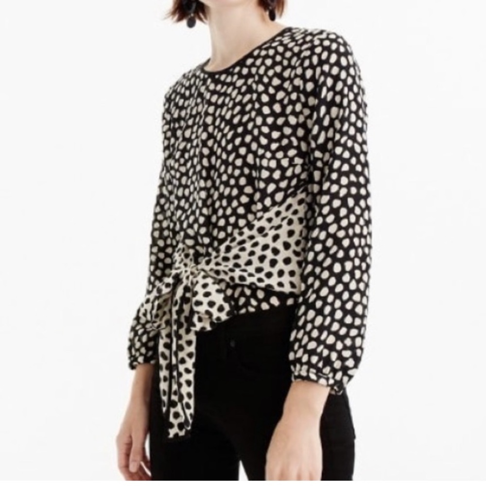 J. Crew Silk Pebbled Polka Dot Tie Blouse